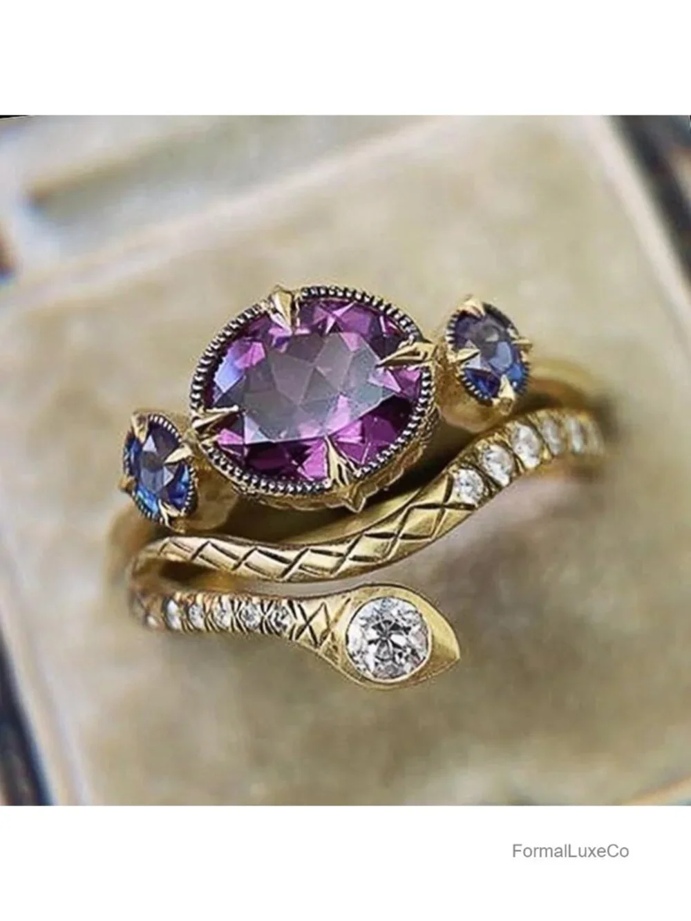 18k Gold Artistic Retro Copper Ring with Amethyst Sapphire Zircon Snake Shaped